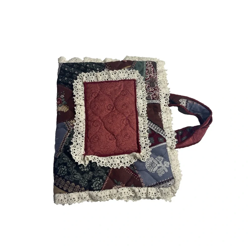 Vtg 90s Quilted Patchwork Bible Cover Granny Core Lace Trim Modest Church